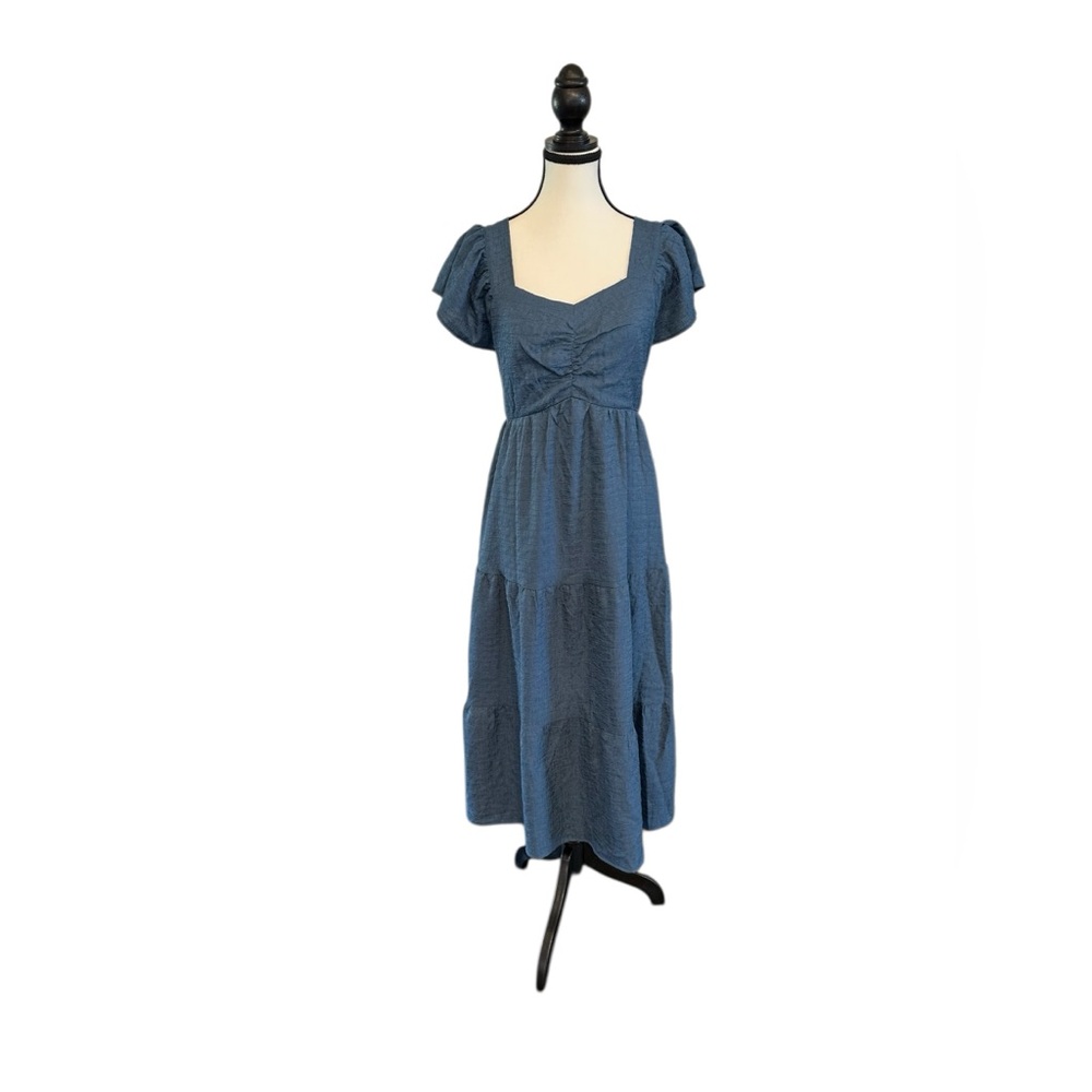 Baltic Born Blue Textured Sweetheart Puff Sleeve Tiered Midi Dress — Large NWT 💙 - Picture 5 of 7